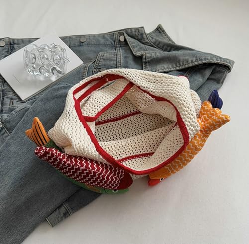 Knitted Beach Shoulder Bag for Women 3D Fish Bohemian Tote Versatile Purse Soft Hobo Handbag for Summer Vacation 2026 - color: B Red