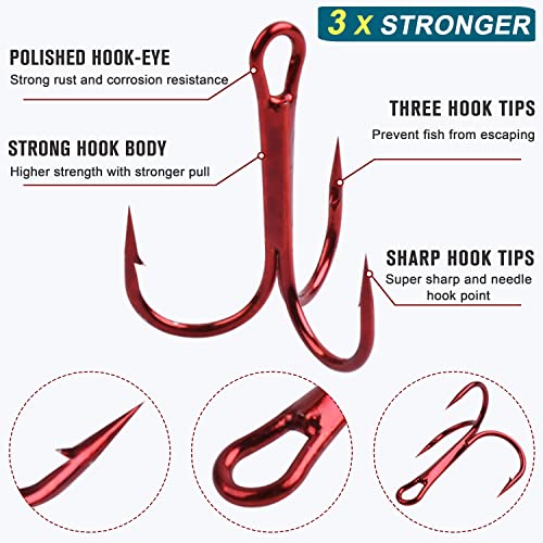 Fishing Red Treble Hooks- 80/120pcs Sharp Round Bend Barbed Treble Hook High-Carbon Steel Triple Hooks for Bass Trout Saltwater Freshwater Size 1/0 1 2 4 6 8 10 12 14 - color: RED, size: 120PCS-8#