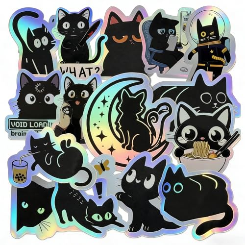 110Pcs Holographic Black Cat Stickers, Cute & Funny Vinyl Decals for Water Bottles, Laptop, Phone Case, Journal, Scrapbooking - style: Black Cat Stickers