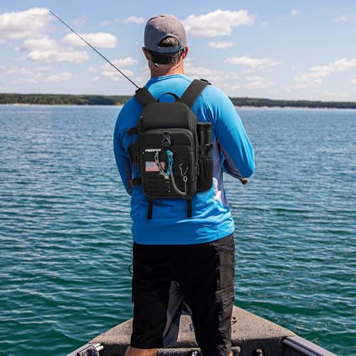Piscifun Fishing Tackle Backpack with Rod & Gear Holder, Lightweight Outdoor Water-Resistant Fishing Shoulder Storage Bag with Protective Rain Cover, Black - color: Black, size: Standard