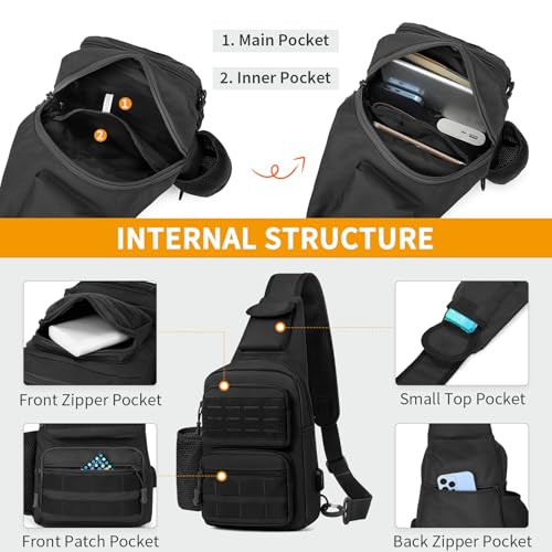 HUNTVP Tactical Sling Bag Crossbody Bag for Men Women EDC Shoulder Bags Molle Sling Backpack Chest Pack for Hiking Hunting Travelling Camping (Type3-Black) - color: Type3-black