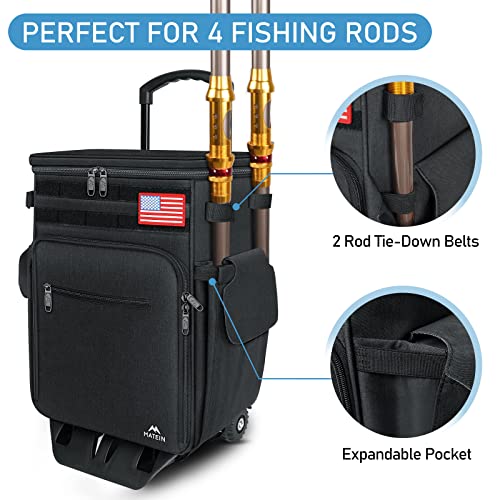 MATEIN Rolling Tackle Box with Cooler, Large Fishing Bag with Wheels for 5 Trays(Trays Not Included), Saltwater Resistant Tackle Backpack with Rod Holders for Storage Gear Pole Lures