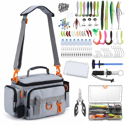 Fishing Tackle Bags with Tackle Box,Waterproof,Padded Shoulder Strap,Gear Storage,Fish Bag with 136 Pcs Fishing Lures Kit,Fish Hook Remover Tool,Fish Lip Gripper,Fishing Plier,Gifts for Men (Gray) - color: Gray