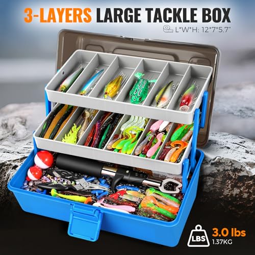 PLUSINNO Large 3 Layers Fishing Tackle Box with Tackle Included, 415Pcs Fishing Lures Kit Contains Pliers, Crankbait, Weights, Accessories, Portable Fishing Gear Gifts for Men Starter Kits Bass Trout - color: Blue