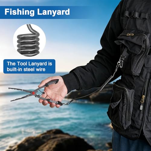 Fishing Pliers – Teflon Coated Stainless Steel Long Nose Hook Remover | Braid Line Cutter, Split Ring Pliers, Non-Slip Grip | Saltwater & Freshwater Fishing Tool
