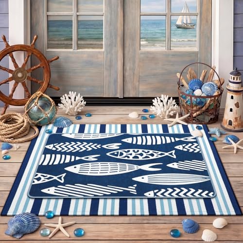 Tinideya 2 Pcs Blue Coastal Fish Door Mat Outdoor Summer Nautical Beach Welcome Front Door Mat Layered Navy Blue and White Striped Entryway Rug Non Slip Lake Beach House Decor for Front Porch Outside - size: 16 x 28 Inch,24 x 35 Inch, style: Coastal