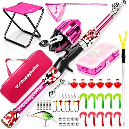 DaddyGoFish Kids Fishing Pole - Rod Reel Combo Tackle Box Starter Set - First Year Small Dock Gear Kit for Boys Girls Toddler Youth Age Beginner Little Children Junior Anglers - color: Pink (Complete Set), size: 4ft