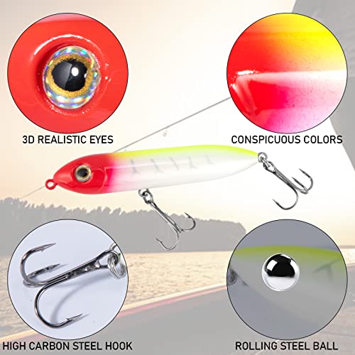 Alwonder Top Water Fishing Lures Kit for Saltwater and Freshwater, Bass Fishing Lures Treble Hooks Hard Baits, Walk-The-Dog Lure Set for Pike, Striper, Speckled Trout