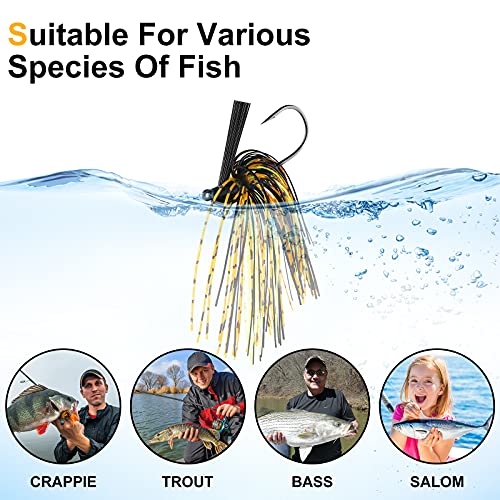 Sumind 8 Pcs Bass Fishing Jigs Bass Weedless Football Jig Metal Football Head Kit Swim Silicone Skirts Weed Guard Flipping Lures, Colorful, 10 G/ 3/8 oz