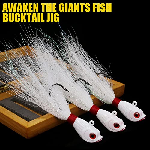 Bucktail-Jigs-Saltwater-Hair-Jigs-Head -Fishing-Lures-Assorted Kit - color: White -3 Pack, size: 1-1/2 oz（42g）