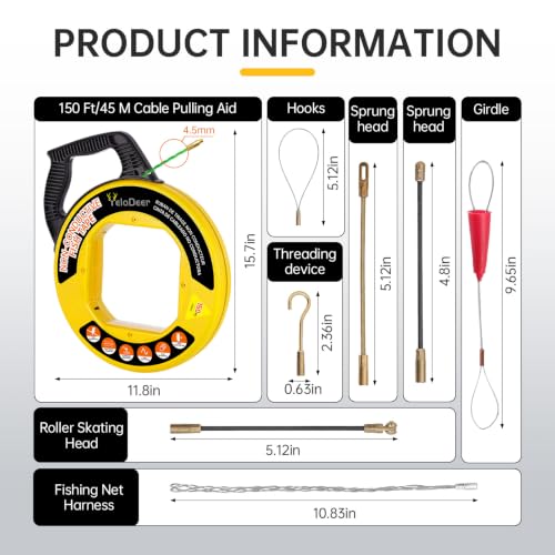 Non-Conductive Fish Tape Wire Puller 150 FT x 4.5 mm with Gloves and 7 Adapters, Flexible PET Wire Fishing Tools for Walls and Electrical Conduit, Rust-Proof - size: 150Ft kit