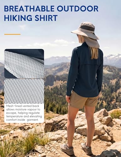 Haimont Women's UPF 50+ Long Sleeve Hiking Button Down Shirt | Quick-Dry, Mesh Back Vents, Roll-Up Tabs, Rod Holder, Lens Cloth, Camping & Travel - color: Dark Blue, size: Small