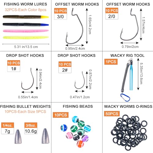 Goture Wacky Worm Fishing Lure Kit with Soft Plastics, Wacky Rig Tools, O-Rings, Worm & Drop Shot Hooks, Beads, Weights & Tackle Box - color: B-143pcs Wacky Worm Kit(5.3" Soft Worm)