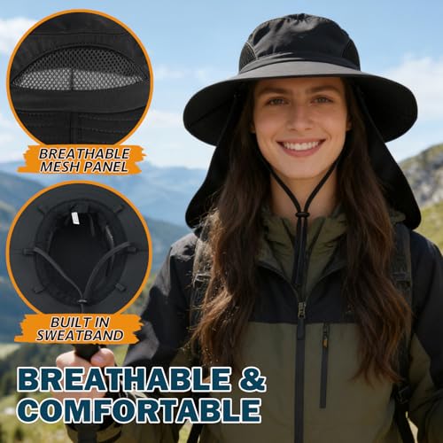 Wide Brim Sun Bucket Hat, Waterproof Boonie Hat for Men & Women | UPF 50+ UV Protection, Adjustable Fit, Chin Strap & Sweatband, Foldable Durable for Fishing Hiking Garden Beach - color: 07 Black (Full Coverage)