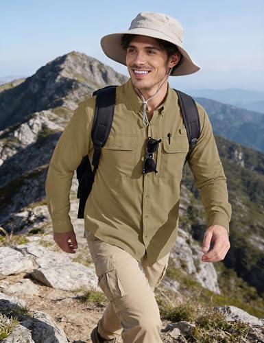 MAGCOMSEN Men's Sun Protection Fishing Shirts Long Sleeve UPF 50+ Quick Dry Cooling Button Down Shirt for Hiking Safari - color: Khaki, size: XX-Large