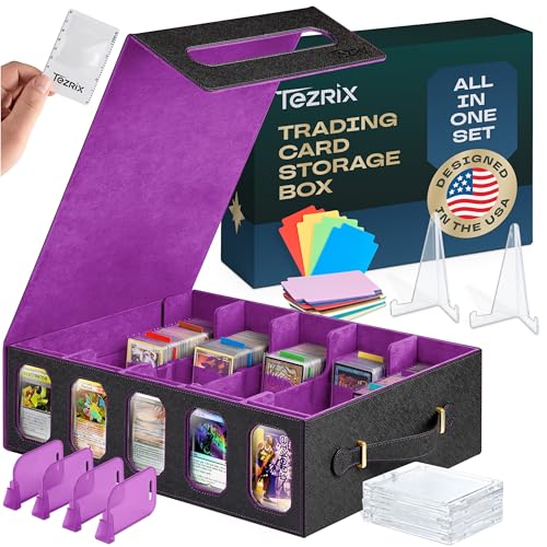 5-Row Mtg Trading Card Storage Box With Display Windows - Magnifier Ruler, 2 Display Stands, 7 Cardholders - 3000+ Card Case With Magnetic Closure, Sports TCG Card Organizer - Purple Card Boxes - color: Black, Purple (5 Row)