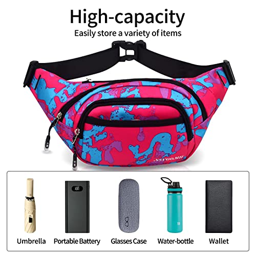 Large Fanny Packs for Women, 5-Zipper Pockets Water Resistant Practical Waist Bag, for Outdoor Running Cycling Sports Travel Hiking Camping Fishing Fashionable Belt Bags - color: Camo Pink