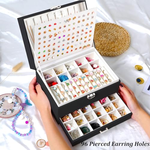 QBestry Earring Jewelry Box for Women Girls Stud Organizer, 5 Layers Black Jewelry Organizer Box With Lock Necklaces and Earrings Holder Jewelry Box with Earring Organizxer for Women Girls Xmas Gifts - color: Black, size: Large