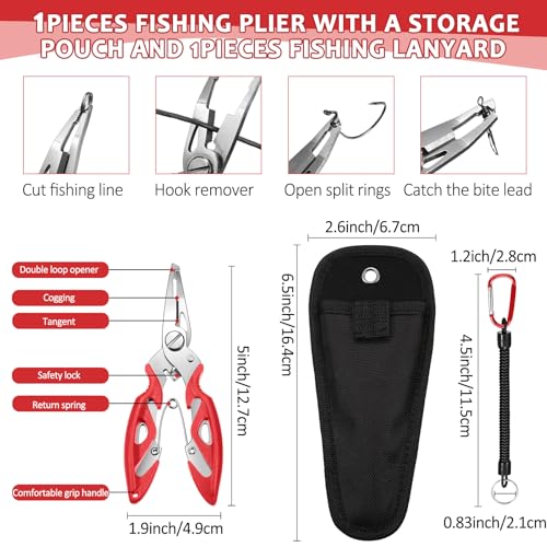 Skylety 200 Pcs Fishing Stainless Steel Split Rings, 50 Treble Hooks, Lure Tackle Connector Fishing Pliers, Fish Lanyard and 876 Lure Eyes for Tackle Fish - color: Red