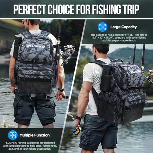 PLUSINNO Cooler Fishing Backpack with Rod Holders 45L Large Water-resistant Fishing Tackle bag Store Fishing Gear Fishing Gifts for Men Father - color: Black Camo
