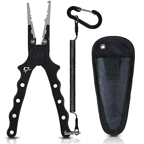 Piscifun Saltwater Fishing Pliers, Aluminum, Split Ring, Braid Cutter | Hook remover, tungsten carbide blade, spring-loaded jaws, ergonomic grip, sheath and lanyard - color: Black, style: Nylon Sheath