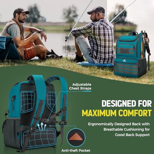 MATEIN Fishing Backpack Tackle Box, Water Resistant Tackle Backpack with Cooler & Rod Holders, Fishing Gifts for Men - color: Icy Blue & Grey