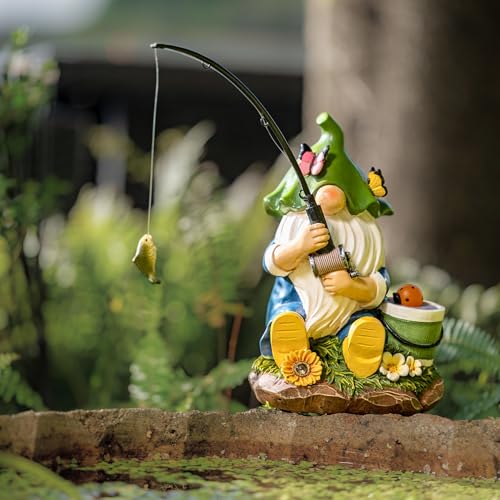 TERESA'S COLLECTIONS Resin Outdoor Statue with Solar Outdoor Lights for Garden Decor,Christmas Garden Gnome Fishing for Outside Yard Porch Patio Lawn,Ideal Gift for Women and Man 8.9" - size: Large