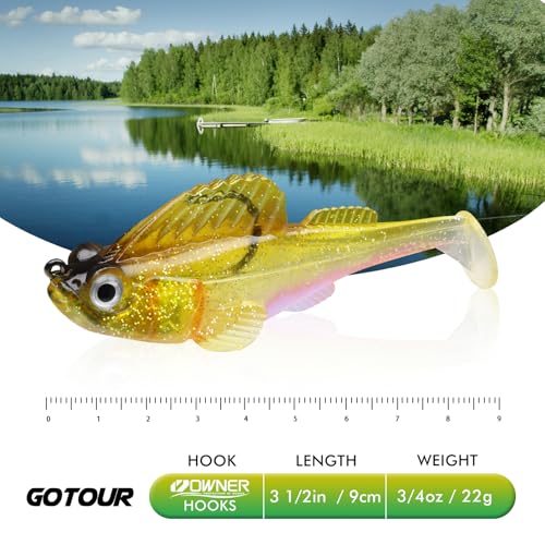 GOTOUR Pre-Rigged Soft Fishing Lures with Weedless Hook, Lifelike Paddle Tail Swimbaits for Bass Fishing, Freshwater & Saltwater Fishing Bait, Fishing Tackle for Bass, Pike, Trout, and Walleye - color: A2-3.5"-0.8oz