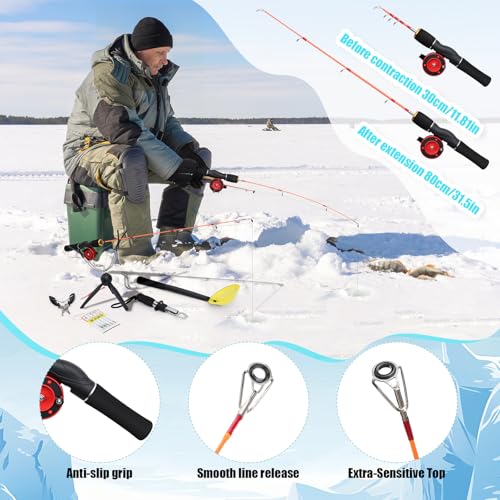 42 Pcs Ice Fishing Rod and Reel Combos Ice Fishing Rod and Holder with Carrier Bag, Pliers, Lip Grip, Reel, Lures, and Accessories Kit for Men Beginner Winter
