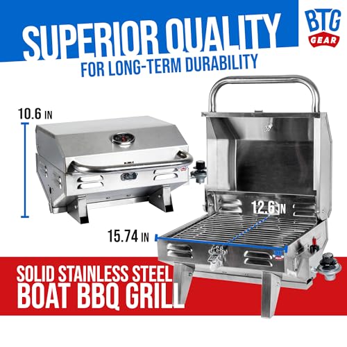 Tailwaves Marine Boat Grill w/Rod Holder Mount | Stainless Steel | Propane Boats & Tailgating & Camping | Built in Thermometer | Portable | Fold-away legs