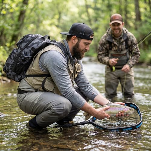 PLUSINNO Fishing Gear,Fishing Backpack with Floating Fishing Net,Tackle Boxes,Waterproof Fishing Tackle Bag,Fishing Gifts for Men - color: Black Camo Backpack With Fishing Net