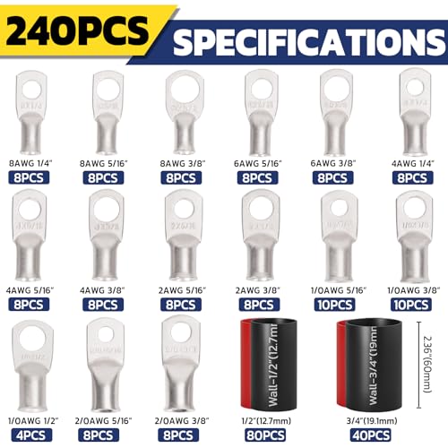 haisstronica 240PCS Tinned Copper Wire Lugs Kit,120PCS AWG 8 6 4 2 0 00 Heavy Duty Battery Cable Lug Ends Ring Terminal Connectors,Electrical Eyelets with 120PCS 3:1 Heat Shrink Tubing - color: Tinned Copper, size: 240 PCS