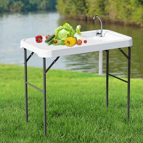 Folding Fish Cleaning Table with Sink, Portable Camping Sink Table with Measure Mark, Drainage Hose and Knife Groove, Outdoor Fish Fillet Cleaning Station for Picnic Fishing, White