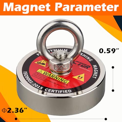 MUTUACTOR Heavy Duty Fishing Magnet Kit,500lb Neodymium N52 Magnets with 65Ft Salvage Rope and Grappling Hook,Φ2.36''Retrieval Rare Earth Magnets for Recovery Lost Treasure in Lake Rivers - style: 500lb Magnet with Hooks--Φ 2.36"