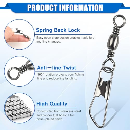 SILANON Fishing Barrel Swivel with Safety Snap,145/160pcs High Strength Fishing Snap Swivels Stainless Steel Line Connector Saltwater Fishing Tackle Accessories - style: 160pcs Kit (2,4,6,8,10#)