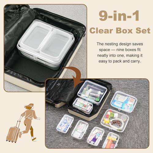 9 pcs Zipper Pouches Nesting Set, Hard Shell Toiletry Bag, Stackable Travel Organizer, Cosmetic Bags, Transparent Diaper Bag, Storage Cases (1 Tall M + 2M + 6S) - color: White, size: 1Tall M+2M+6S