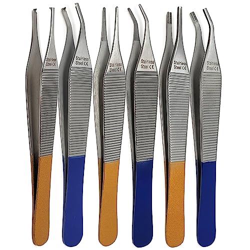 Set of 6 Adson Dressing Tissue Brown Forceps 4.75", Straight and Curved - Premium Quality Stainless Steel (A2Z BRAND)