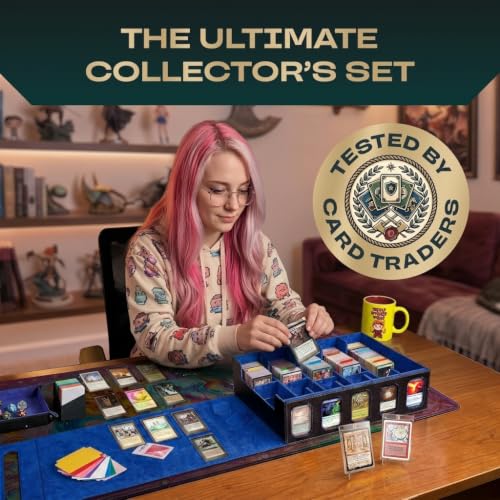 5-Row Mtg Trading Card Storage Box With Display Windows - Magnifier Ruler, 2 Display Stands, 7 Cardholders - 3900+ Card Case With Magnetic Closure, Sports TCG Card Organizer - Blue Card Boxes - color: Black, Blue (5 Row)