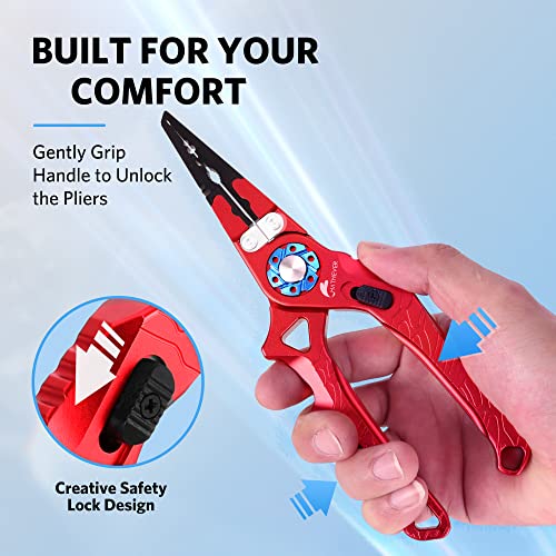 Saltwater Fishing Pliers, Split Ring Pliers for Fishing with Safety Lock, Fish Pliers with Sheath and Lanyard, Fishing Gifts for Men - color: B-red