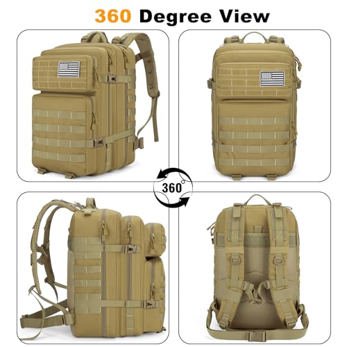 Tactical Backpack 45L Army Military Rucksack, Water Resistant MOLLE Pack, Large 3 Day Bug Out Bag for Men & Women, Durable Outdoor Gear for Hiking, Camping, Hunting, Travel (Khaki) - color: Khaki