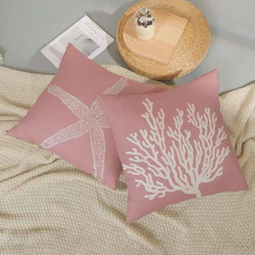 Coastal Pillow Covers 18x18 Inch Set of 2, Pink Coral Starfish Throw Pillows Nautical Ocean Decorations Beach Pillowcase Outdoor Decor Linen Farmhouse Cushion Case for Home Sofa Living Room - color: Pink Starfish Coral, size: 18" x 18" (Pack of 2)