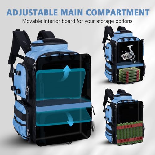 Goture Fishing Backpack,900D Water-Resistant Tackle Backpack with Rod Holders, SBS Zippers,45L Large Fishing Bag Storage Gear Tackle Bag with Rain Cover, Bottle Holder for Travel Camping Hiking - color: A1:Blue Black(Only Bag), size: Without Tackle Boxes