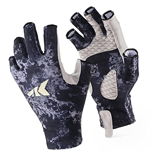 KastKing La Sal Fishing Gloves UPF50+ Sun Gloves UV Protection Fingerless Gloves Men Women for Outdoor, Kayaking, Rowing, Paddling, Canoeing, Hunting - color: B: Boulder Camo Obsidian, size: Small-Medium