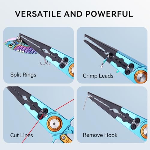 Fishing Pliers Hook Remover, Saltwater Split Ring Pliers with Safety Lock, Fishing Gear with Sheath and Lanyard, Fishing Gifts for Men - color: Blue