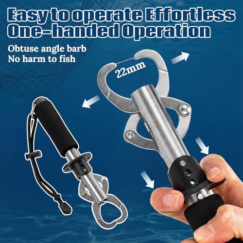 Konohan 3 Pack Fish Lip Gripper with Scale 33lb Stainless Steel Fish Landing Tool with Non-Slip EVA Handle & Wrist Strap for Anglers Fishermen Fishing Bass Trout Pike Catch and Release