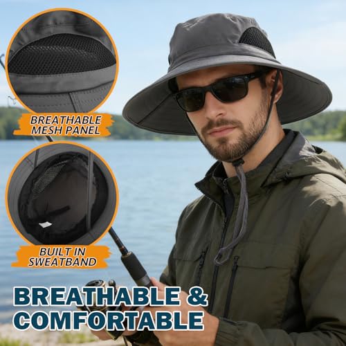 Wide Brim Sun Bucket Hat, Waterproof Boonie Hat for Men & Women | UPF 50+ UV Protection, Adjustable Fit, Chin Strap & Sweatband, Foldable Durable for Fishing Hiking Garden Beach - color: 01 Dark Grey
