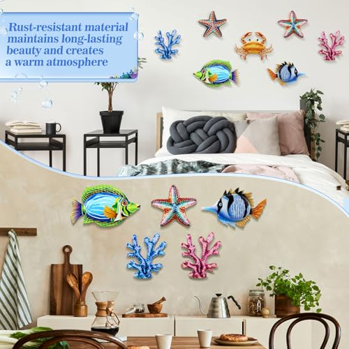 Tandefio 8 Pcs Metal Wall Decor Wall Art Hanging Decorations Outdoor Indoor Sculptures for Garden Fence Pool Home Porch(Starfish, Coral, Octopus, Fish) - style: Starfish, Coral, Octopus, Fish