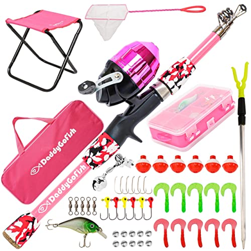 DaddyGoFish Kids Fishing Pole - Rod Reel Combo Tackle Box Starter Set - First Year Small Dock Gear Kit for Boys Girls Toddler Youth Age Beginner Little Children Junior Anglers - color: Pink (Complete Set), size: 5ft