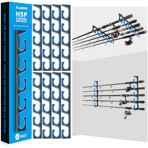 PLUSINNO H5P Fishing Rod/Pole Holders for Garage, Wall or Ceiling Mounted Fishing Rod Holder with Soft Protective Pad, Fishing Rod Storage Organizer Holds up to 5/10/20 Rod or Combos or Nets - color: 4 Pack hold up 20 rods