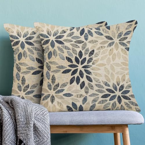 AEIOAE Navy Blue Dahlia Pillow Covers 16 x 16 Inch Set of 2, Vintage Geometric Dahlia Flower Throw Pillow Covers Farmhouse Outdoor Floral Decorative Pillows for Couch Home Sofa Living Room - color: Navy Blue Floral, size: 16" x 16" (Pack of 1)